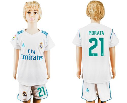 Real Madrid #21 Morata White Home Kid Soccer Club Jersey - Click Image to Close